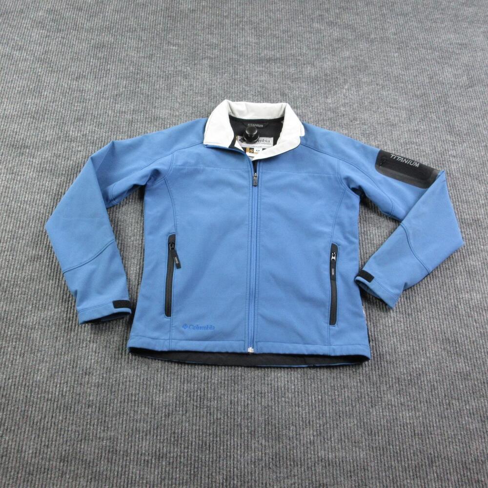 Columbia Jacket Womens M Blue Titanium Softshell Hooded Zip Pockets Hiking